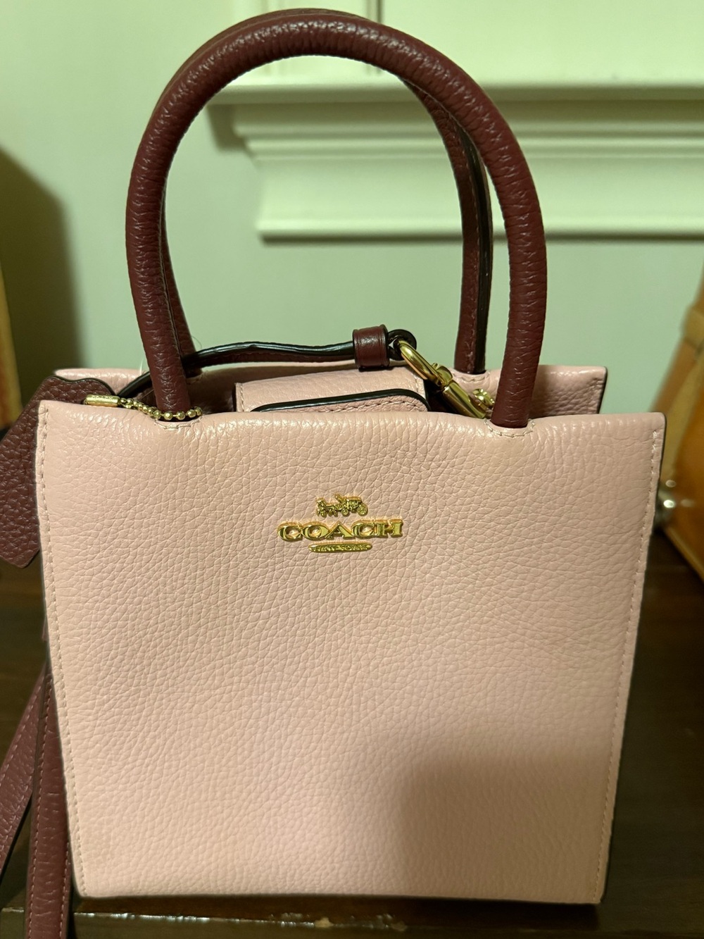 COACH Mini Cally Pink Leather Top-Handle Crossbody with Wine Accents